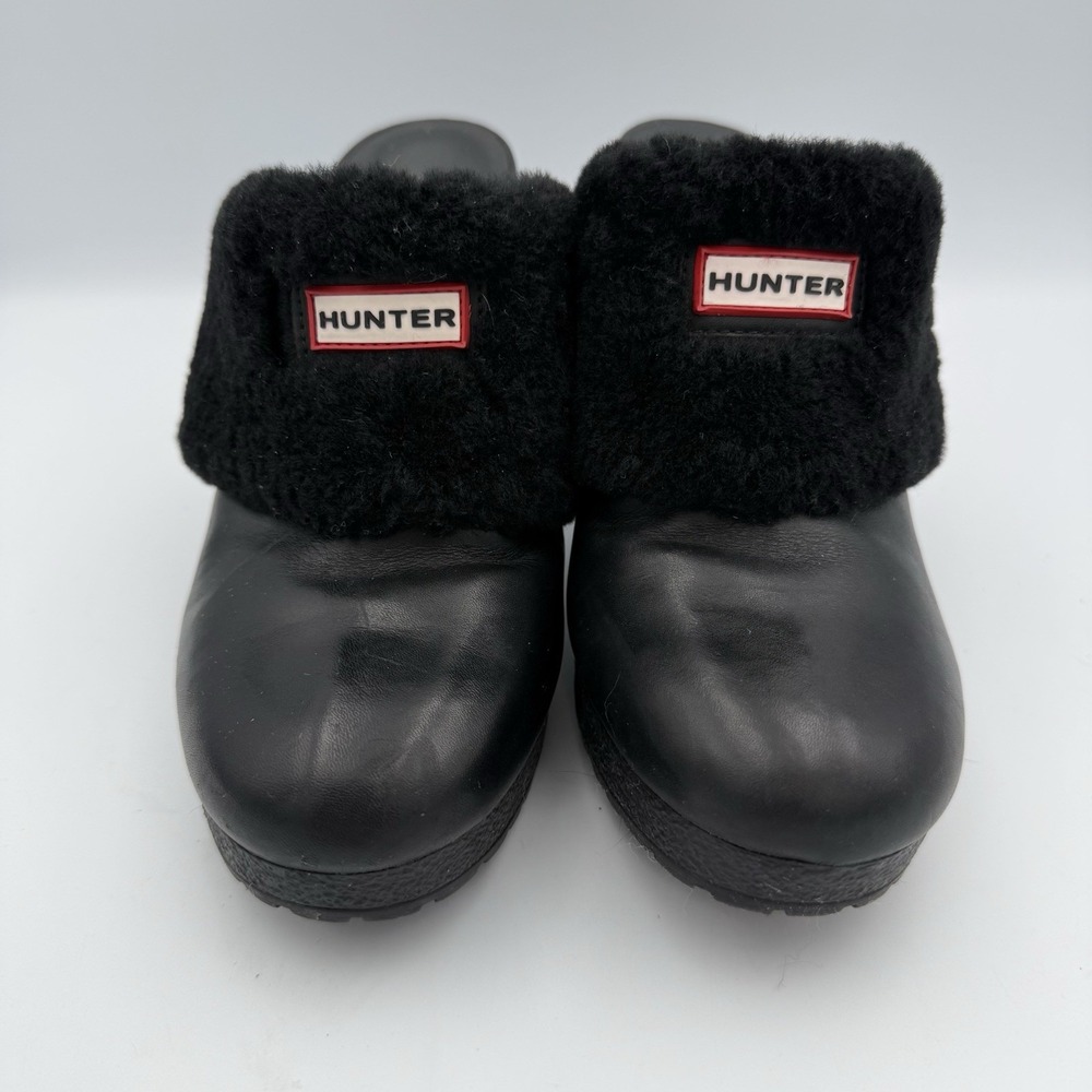 Hunter Bruson Shearling Lined Black Leather‎ Clogs Heels Mules Womens US Size 7